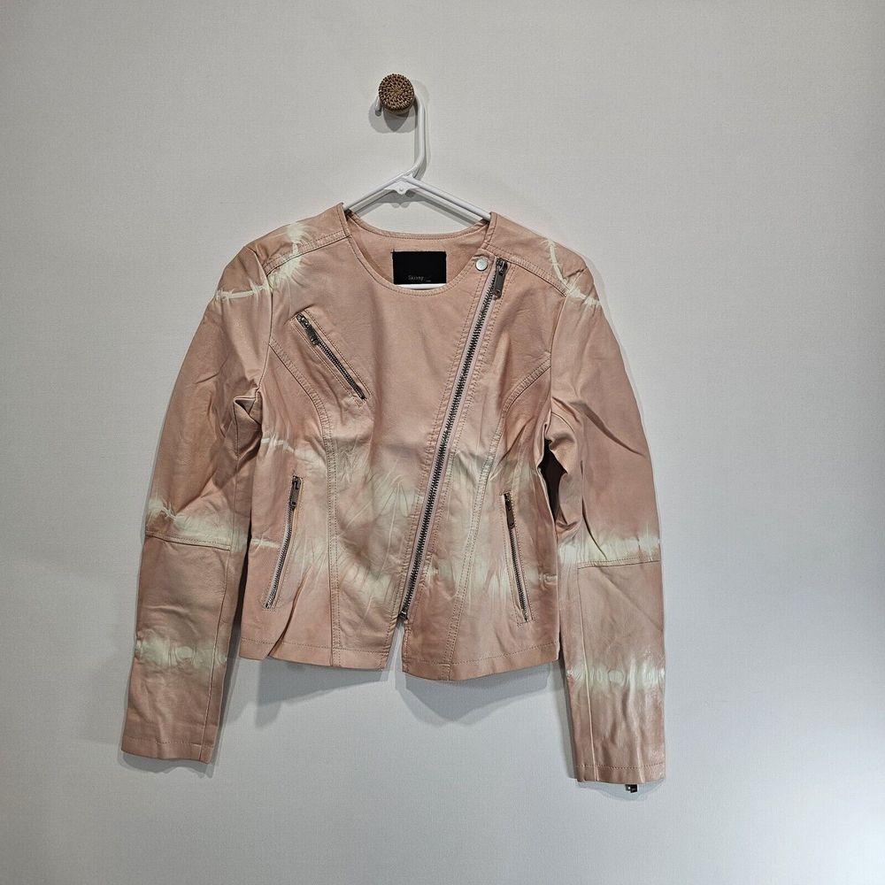 Womens Faux Leather Biker Jacket Moto‎ Bomber Pink Tie Dye Zipper Accent / Small